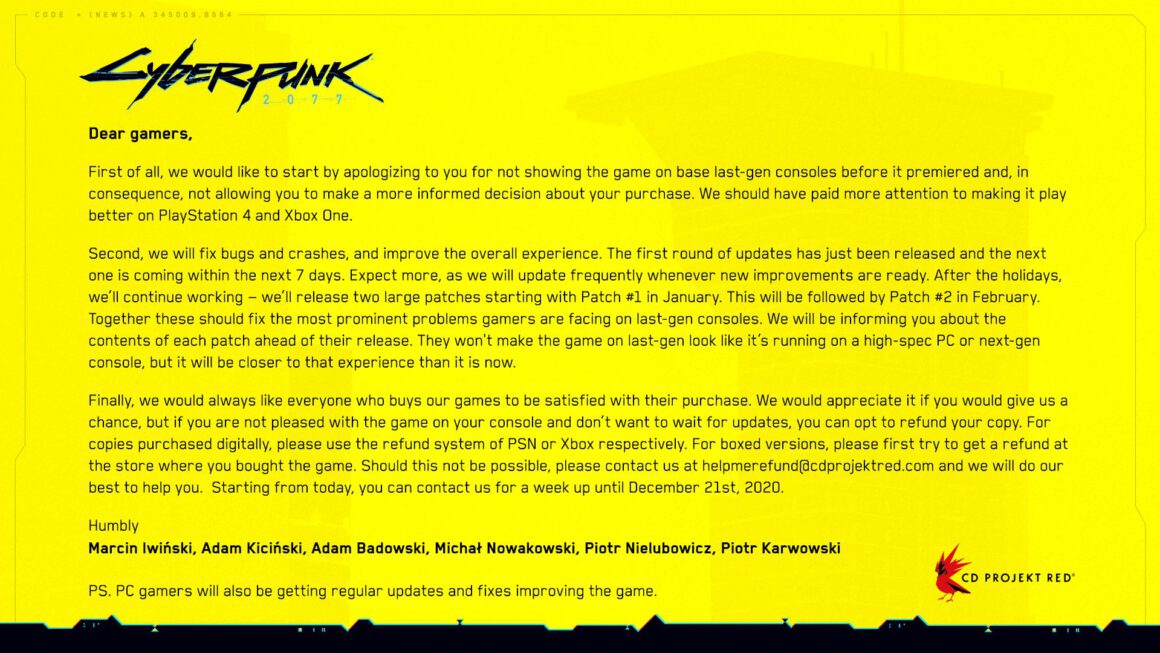 CD Projekt biedt excuses aan voor spelers Cyberpunk 2077 op console en vraagt om nog een kans