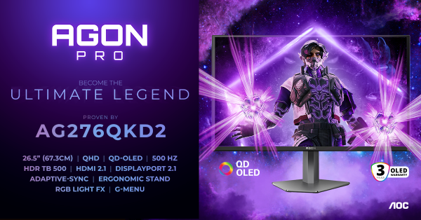 AGON by AOC introduceert de AGON PRO AG276QKD2: QD-OLED esports-monitor met 500 Hz